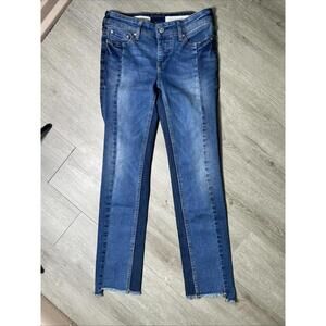 Pilcro And The Letterpress Patchwork Parallel Blue Jeans Size 25 Womens Fray Hem